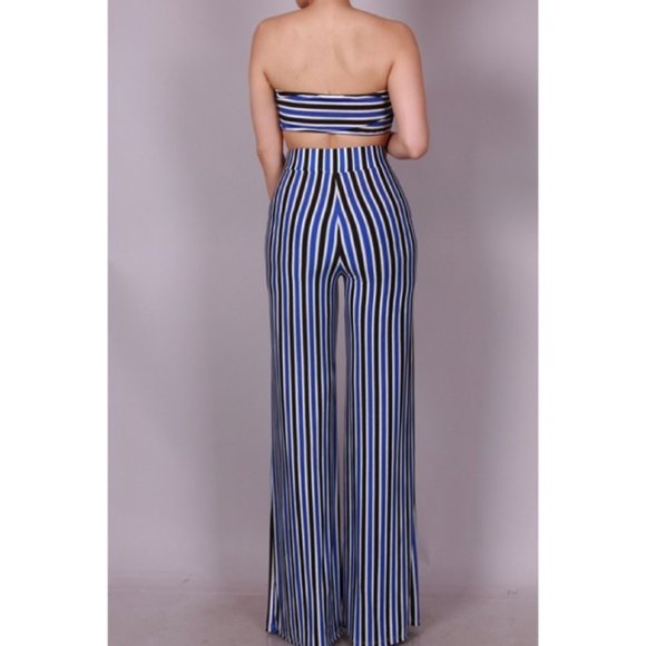 Blue Striped Strapless Bandeau Top and High Waist Wide Leg Pants Two Piece Set - Picture 4 of 8